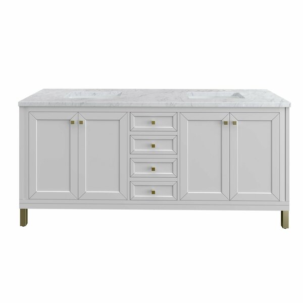 James Martin Vanities Chicago 72in Double Vanity, Glossy White w/ 3 CM Carrara Marble Top 305-V72-GW-3CAR